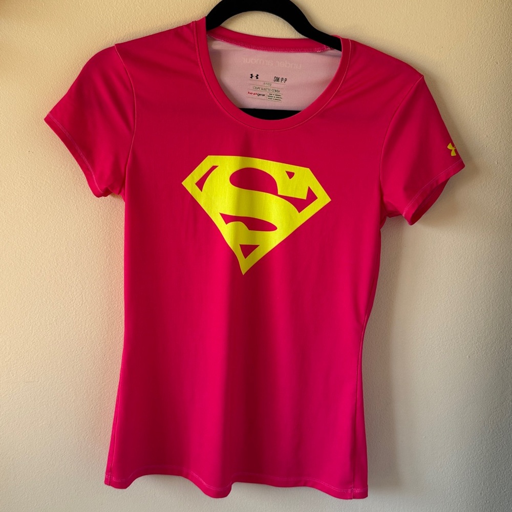 Under Armour Pink Tee with Superman Yellow Logo